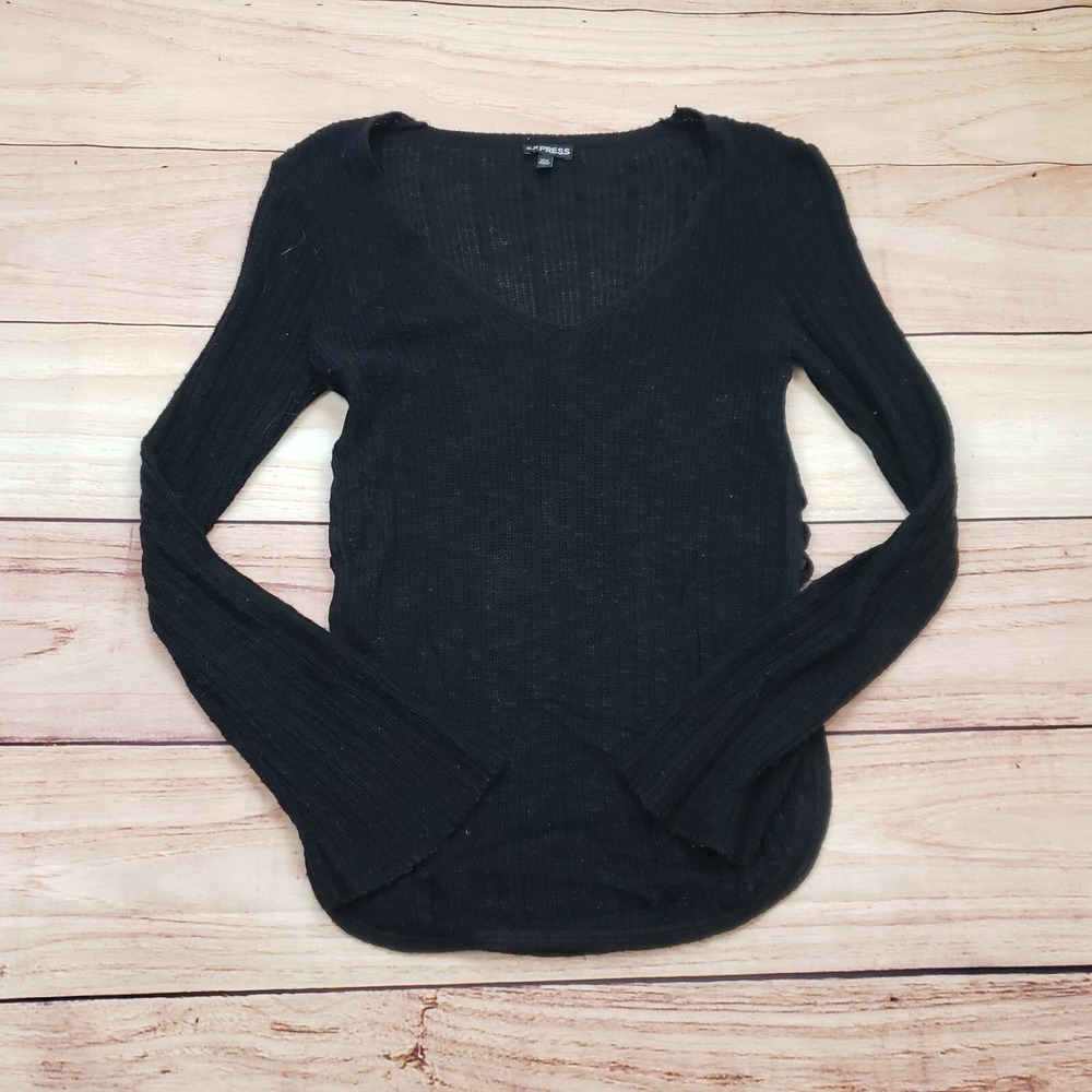 Express Shirt Womens Extra Small Black Long Sleeve Lightweight Knit Lace Sides